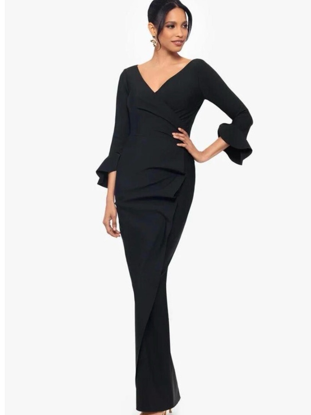 Betsy & Adam Black V-Neck Long-Sleeve Ruffled Cuff Gown